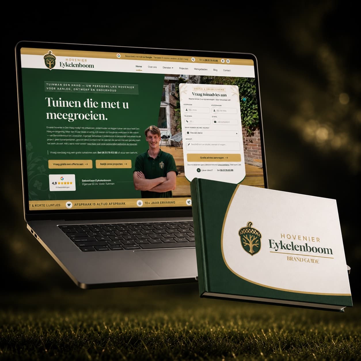 Rebranding en website door Brandlift voor Hovenier Eykelenboom - laptop en merkgids