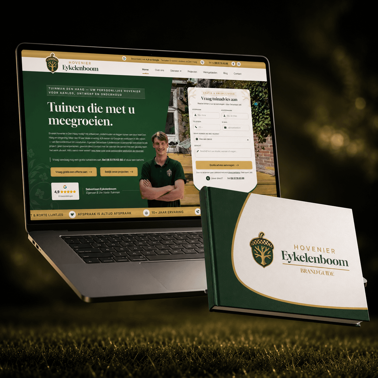 Rebranding en website door Brandlift voor Hovenier Eykelenboom - laptop en merkgids