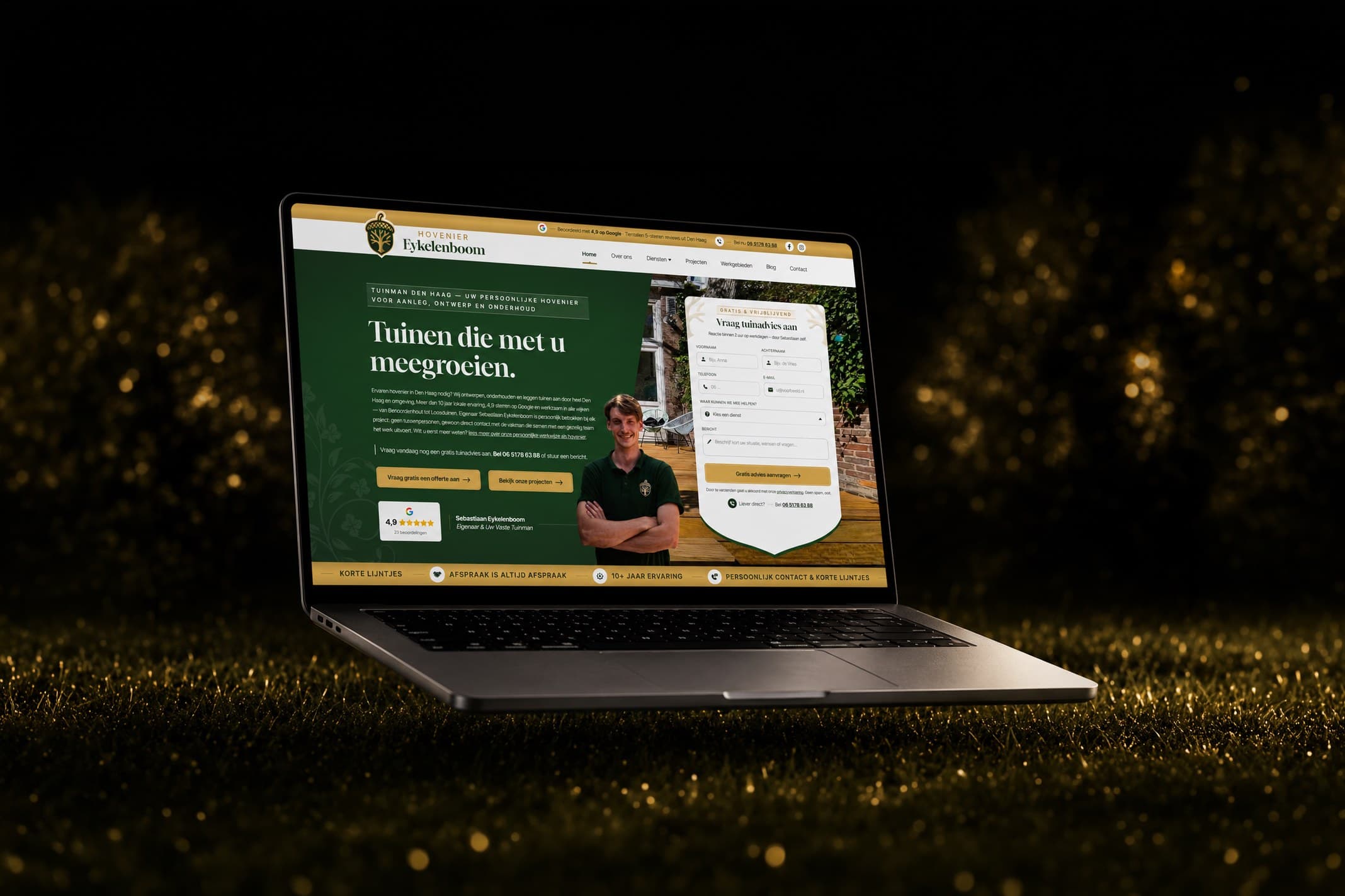 De website die we bouwden voor Hovenier Eykelenboom, getoond op een laptop