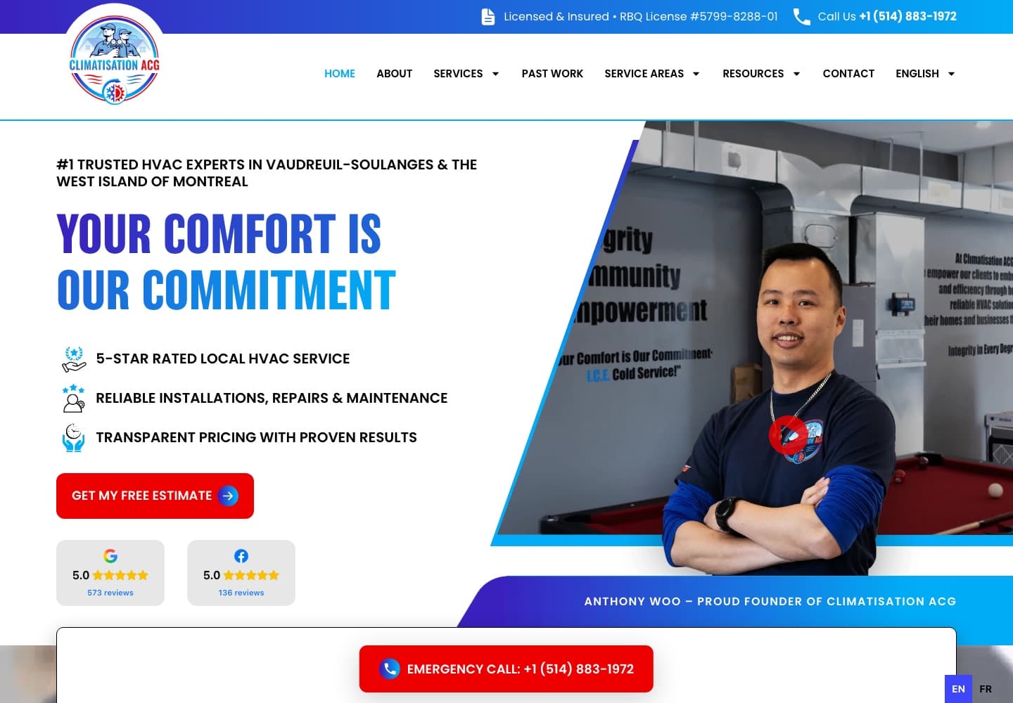Homepage van de tweetalige website die Brandlift bouwde voor Climatisation ACG in Montréal