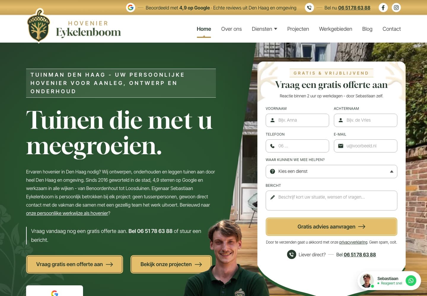 Homepage van de website die Brandlift bouwde voor Hovenier Eykelenboom