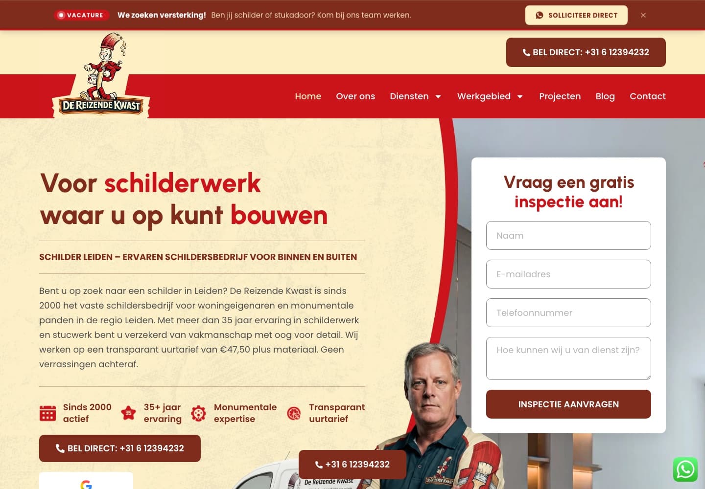 Homepage van de website die Brandlift bouwde voor schildersbedrijf De Reizende Kwast