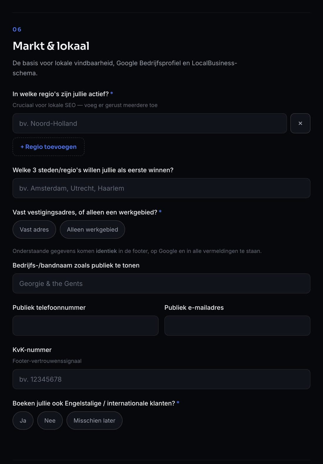 Het onderdeel Markt en lokaal uit de onboardingvragenlijst, met vragen over regio's en werkgebied