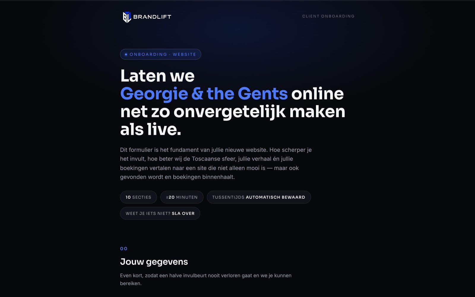 De start van de onboardingvragenlijst voor Giorgi & The Gents, in de stijl van Brandlift