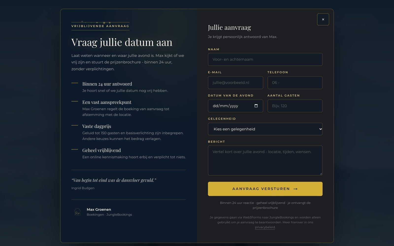 Het aanvraagformulier van Giorgi & The Gents, geopend als venster boven de homepage