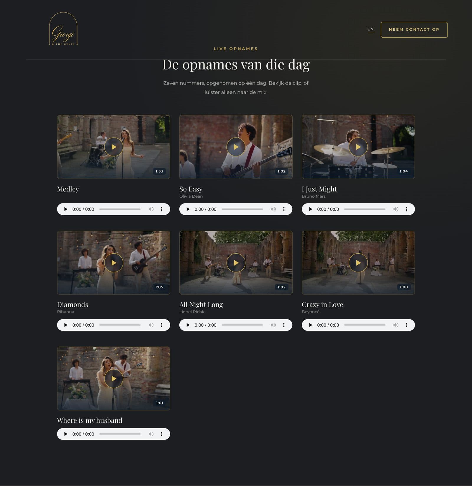 De galerij op de Luister & beleef-pagina met zeven opnames, elk met video en audiospeler