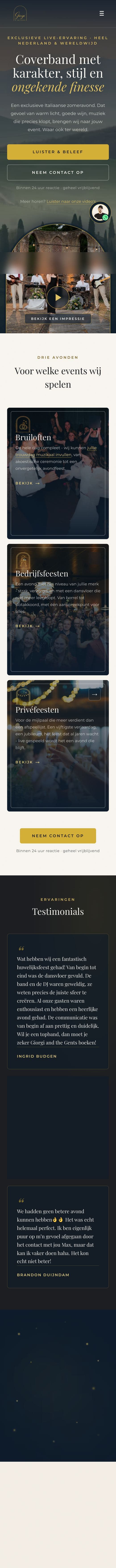 De volledige homepage van Giorgi & The Gents op een telefoon